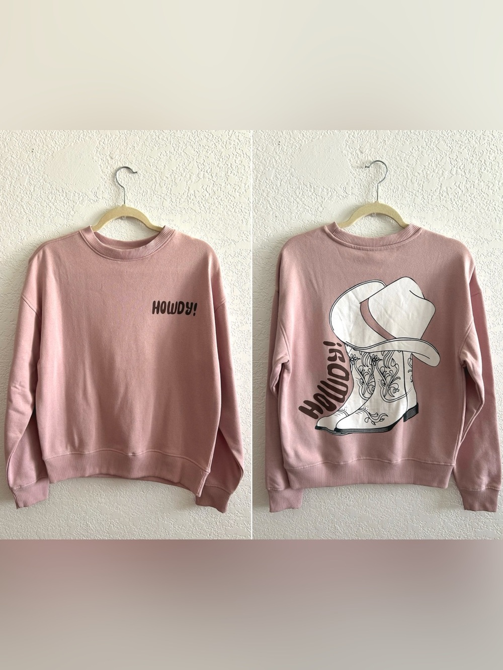 Kittenish Western Howdy Cowboy Boots & Hat Print Oversized Blush Pink Sweater
